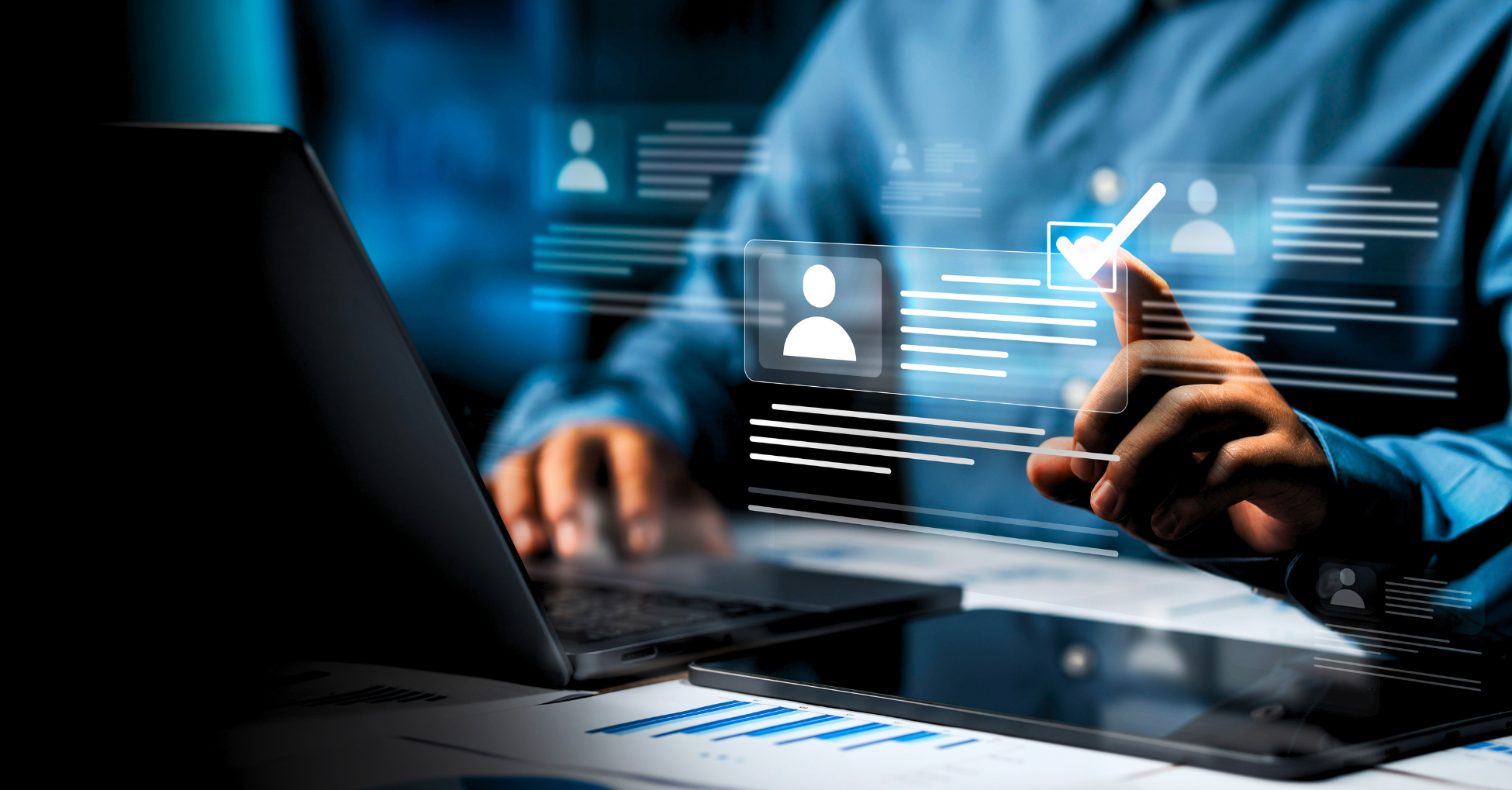 Digital identity verification concept showing a person checking and approving candidate profile data on screen, representing AI identity checks in recruitment.